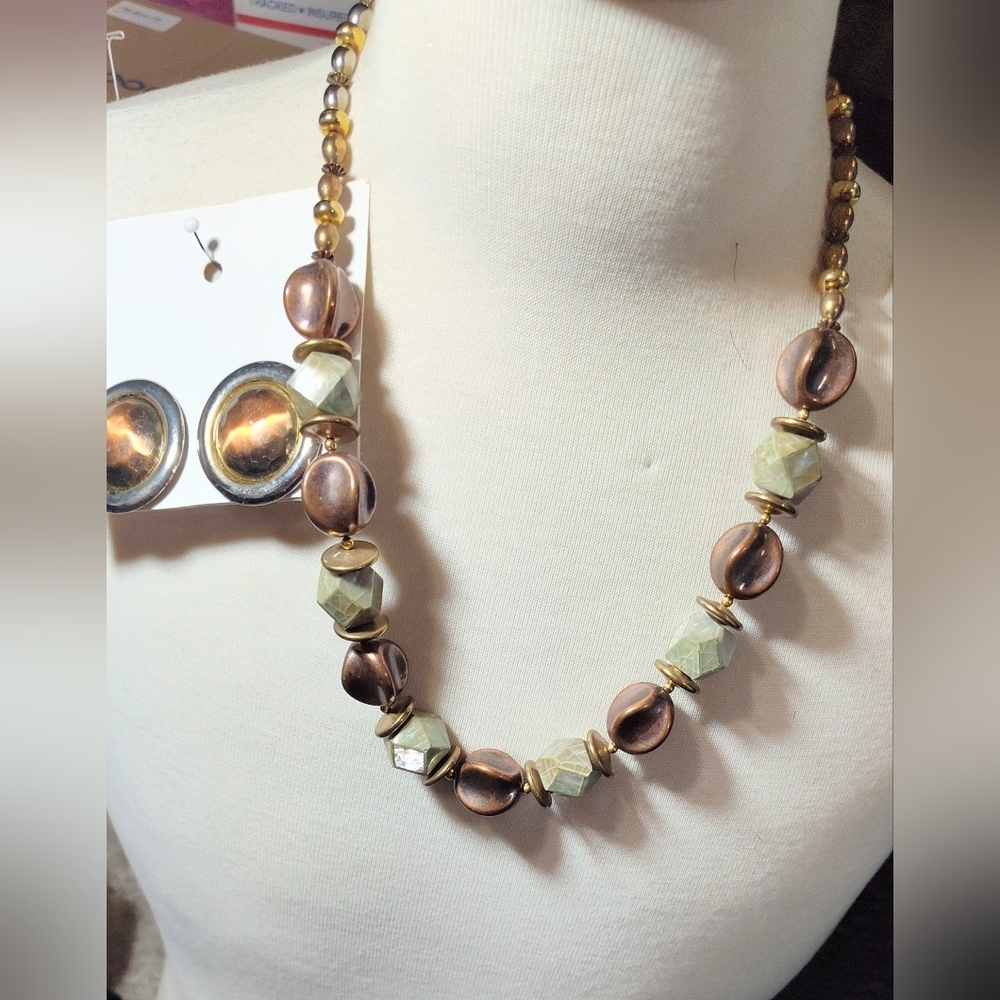 Elegant Bronze Coppery and Gold Beaded Necklace Earring Set